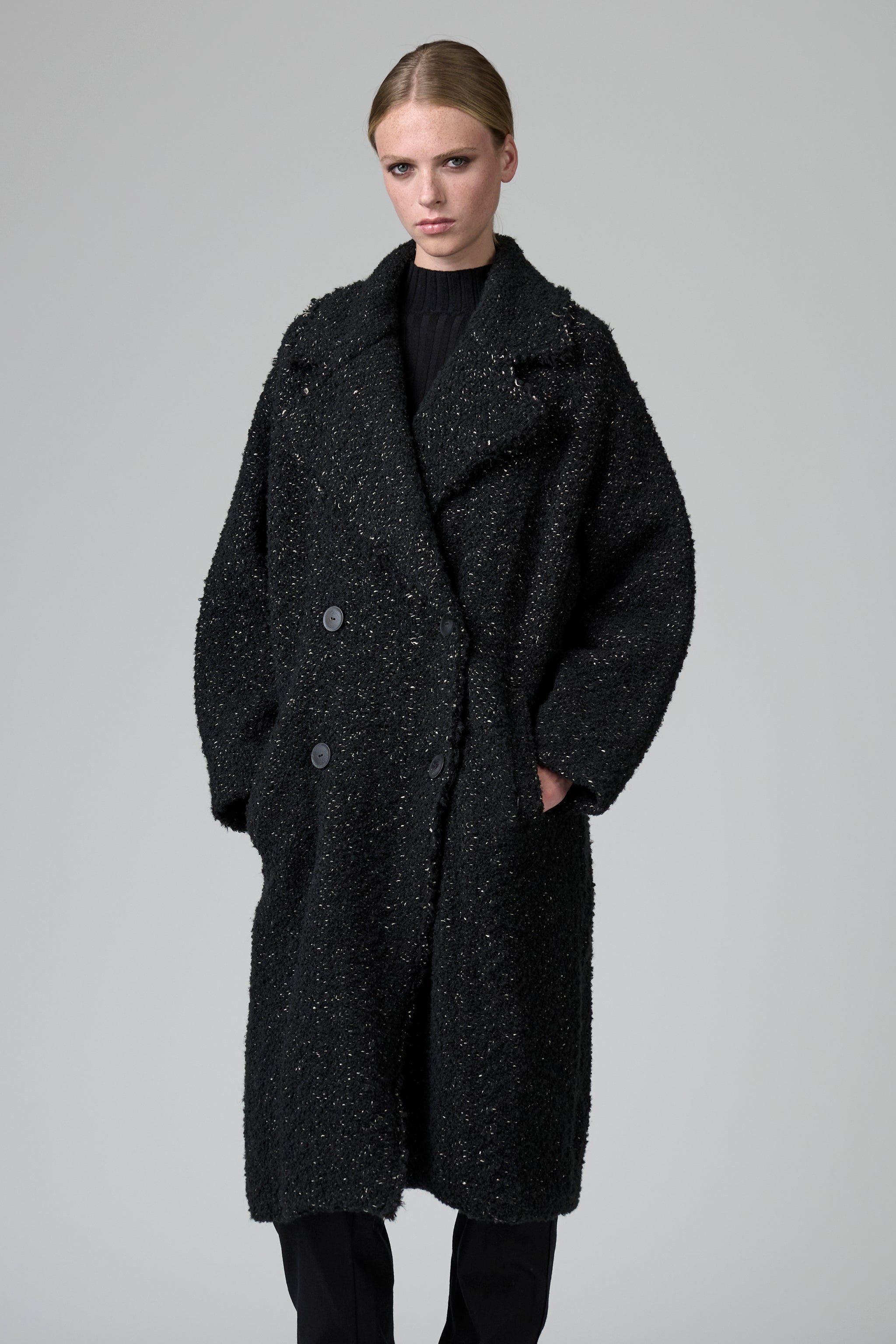 美品 セオリー CHINTZED TWIL CLEAN CAR COAT Oversize double-breasted lined coat in salt-and-pepper