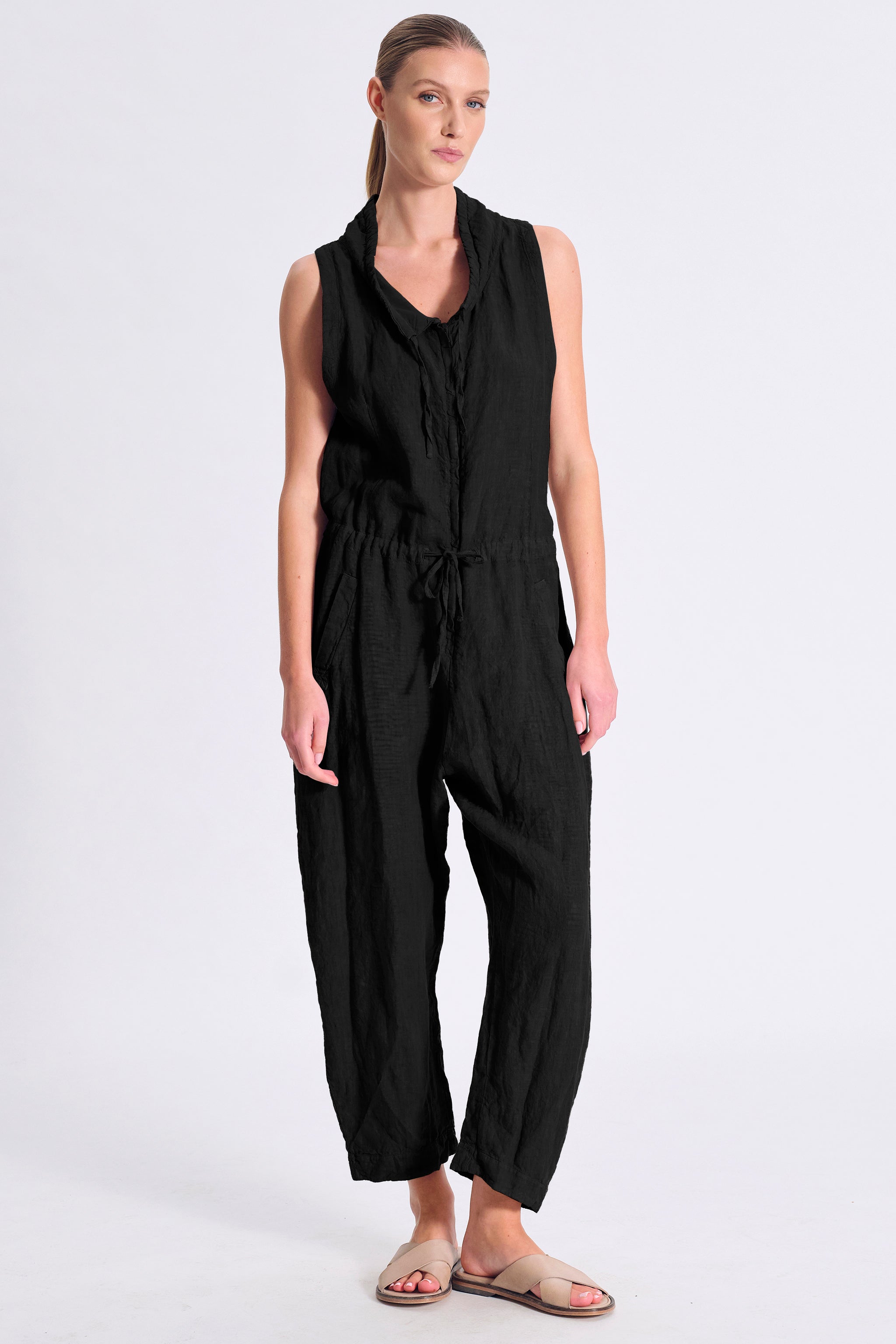 Comfort fit linen overalls with hidden zip and shaped collar with