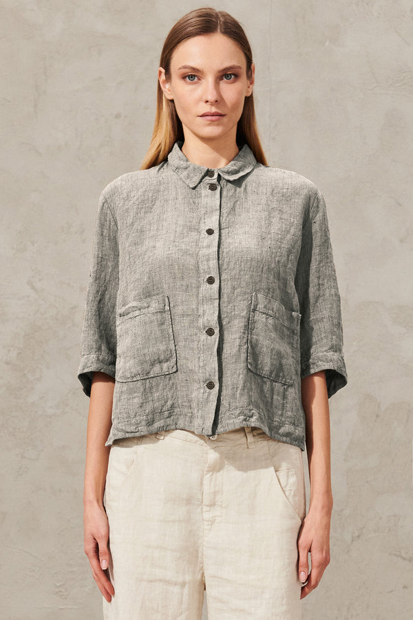 Half-sleeve jacket in micro pied de poule linen pattern | 1012.CFDTRXB110.111