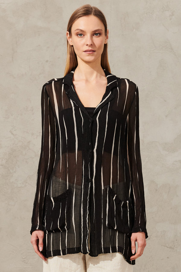 Jacket with lapels long sleeve in printed striped viscose creponne | 1012.CFDTRXD133.110