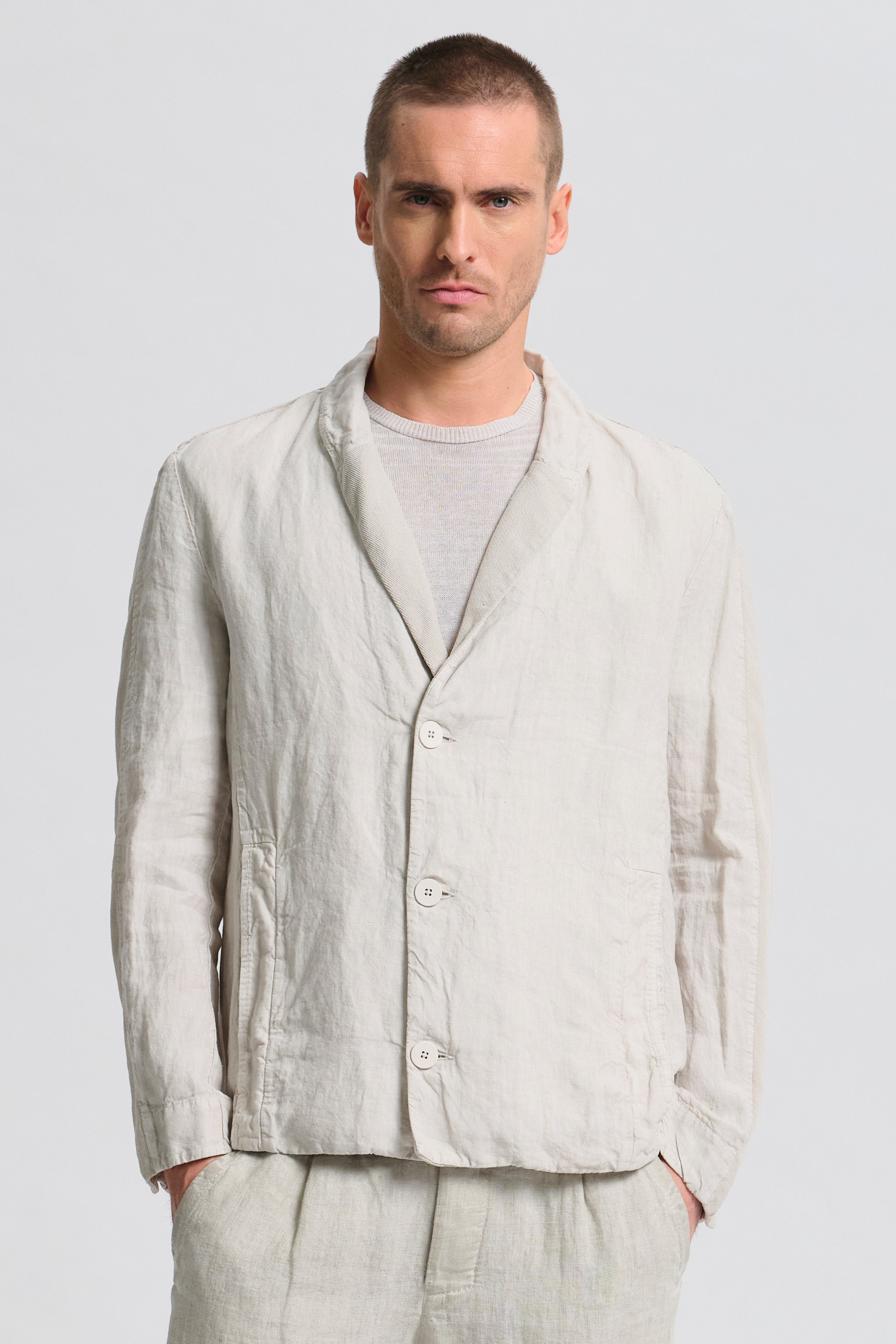 Loose-fit linen jacket with shawl collar and cotton and linen