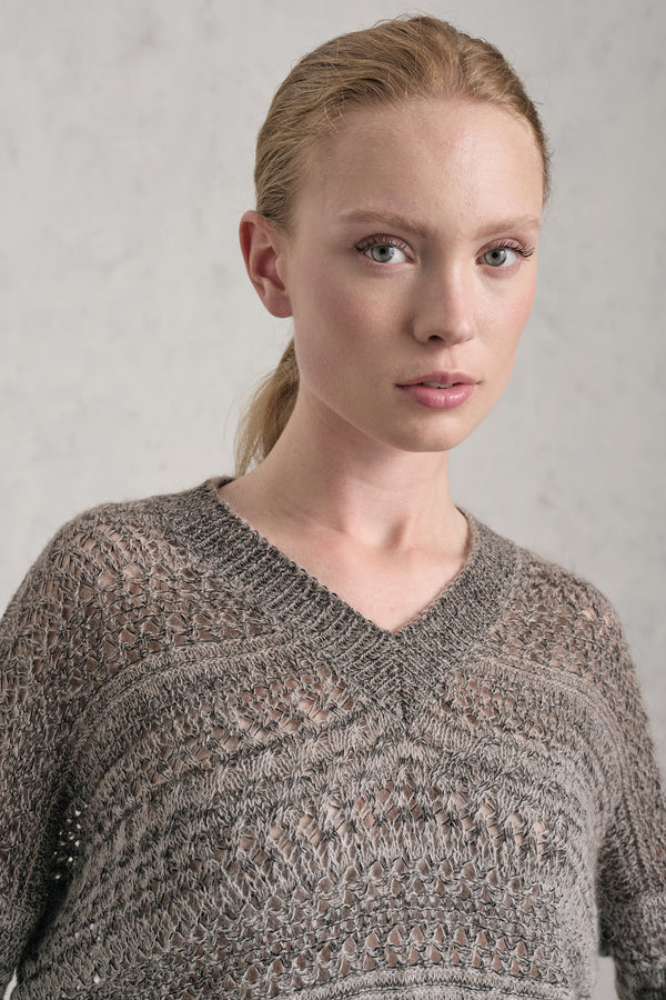 Printed Alpaca blend yarn v-neck sweater with a shaded effect and an open crochet-style stitch | 1019.CFDTDE-0603.135