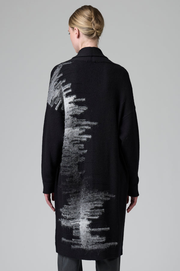 Cardigan lungo loose fit con collo sciallato in lana con intarsio di filo stampato in alpaca | 1016.CFDTRB15501.110