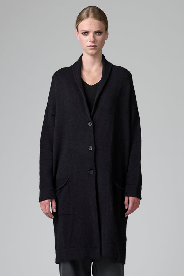 Cardigan lungo loose fit con collo sciallato in lana con intarsio di filo stampato in alpaca | 1016.CFDTRB15501.110