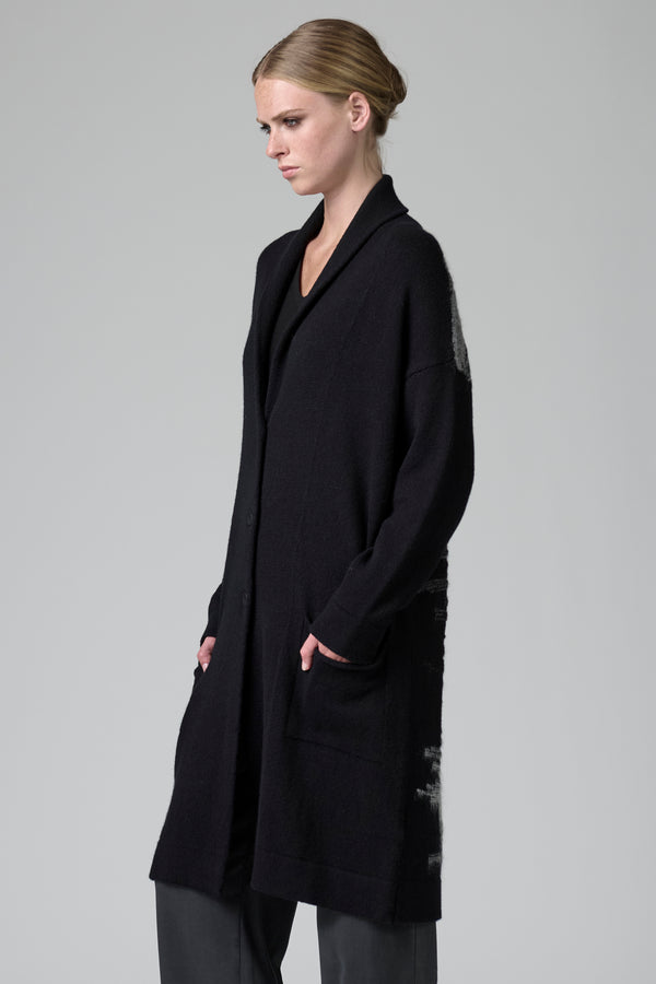 Cardigan lungo loose fit con collo sciallato in lana con intarsio di filo stampato in alpaca | 1016.CFDTRB15501.110