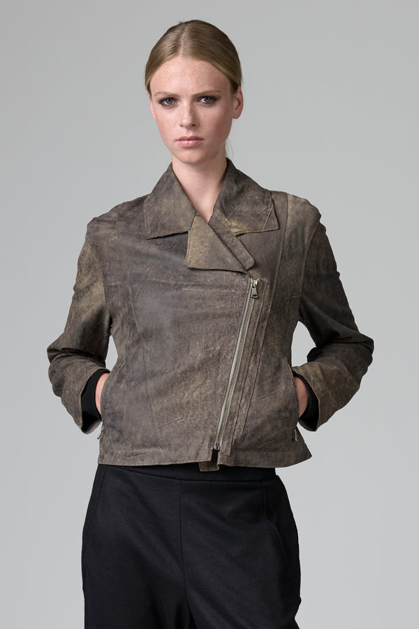 Chiodo corto doppiopetto foderato in pelle spazzolata con chiusura con zip laterale ed inserto di maglia | 1016.CFDTRB2370.31