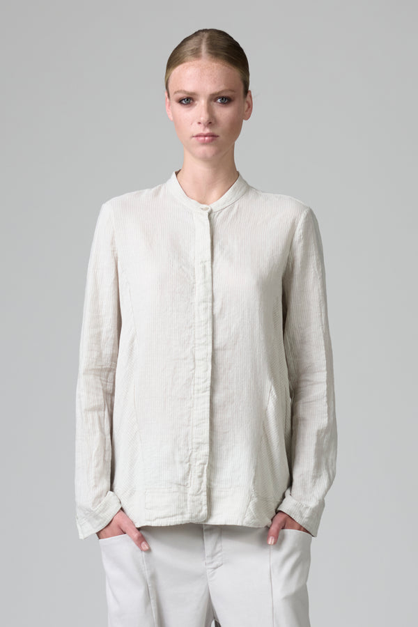 Camicia sagomata con collo alla coreana in rigato di cotone e lino | 1016.CFDTRBE141.01