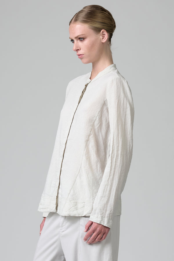 Camicia sagomata con collo alla coreana in rigato di cotone e lino | 1016.CFDTRBE141.01