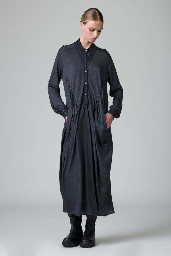Long dress with pockets and gathers in wool jersey with boiled wool inserts | 1016.CFDTRBK203.13