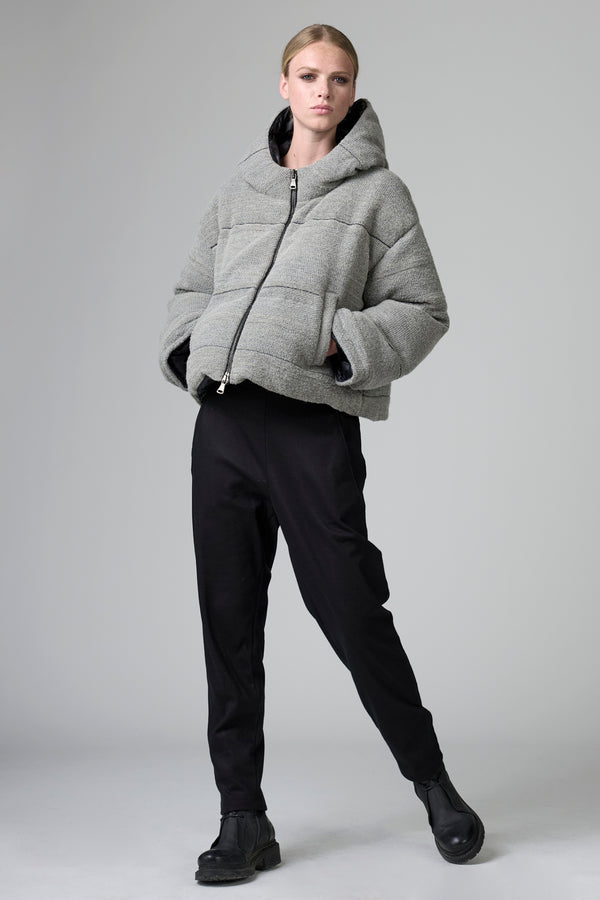 Short knitted hooded real down duvet in striped pattern | 1016.CFDTRBS281.21