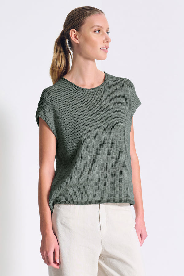 T-shirt volume a scatola in fettuccia di maglia melange di misto cotone e lino | 1017.CFDTRC12471.04