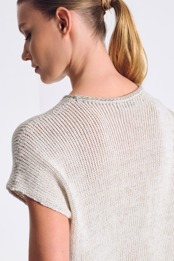 Boxy shape T-shirt in cotton-linen blend melange knit ribbon | 1017.CFDTRC12471.102