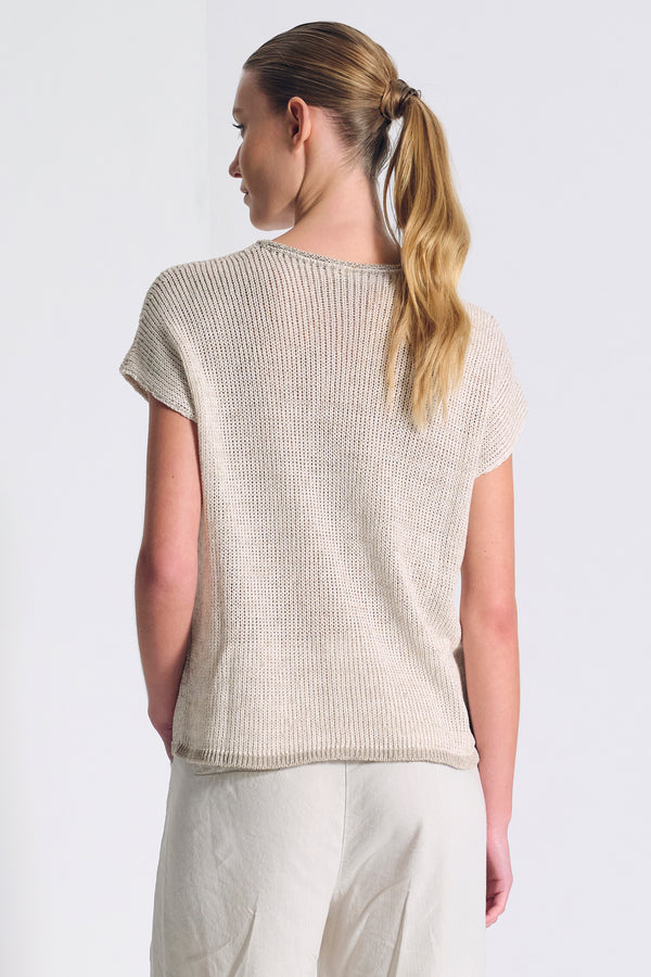 Boxy shape T-shirt in cotton-linen blend melange knit ribbon | 1017.CFDTRC12471.121