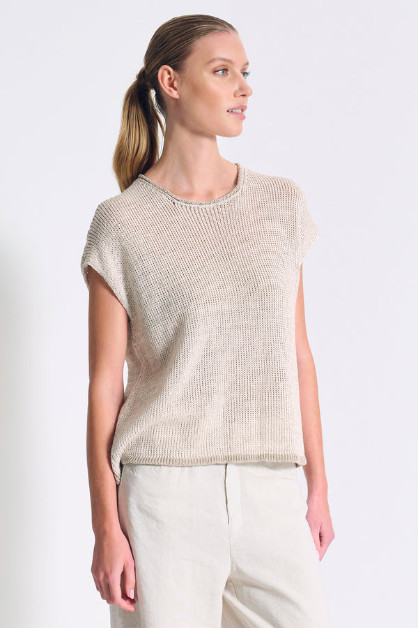 Boxy shape T-shirt in cotton-linen blend melange knit ribbon | 1017.CFDTRC12471.121