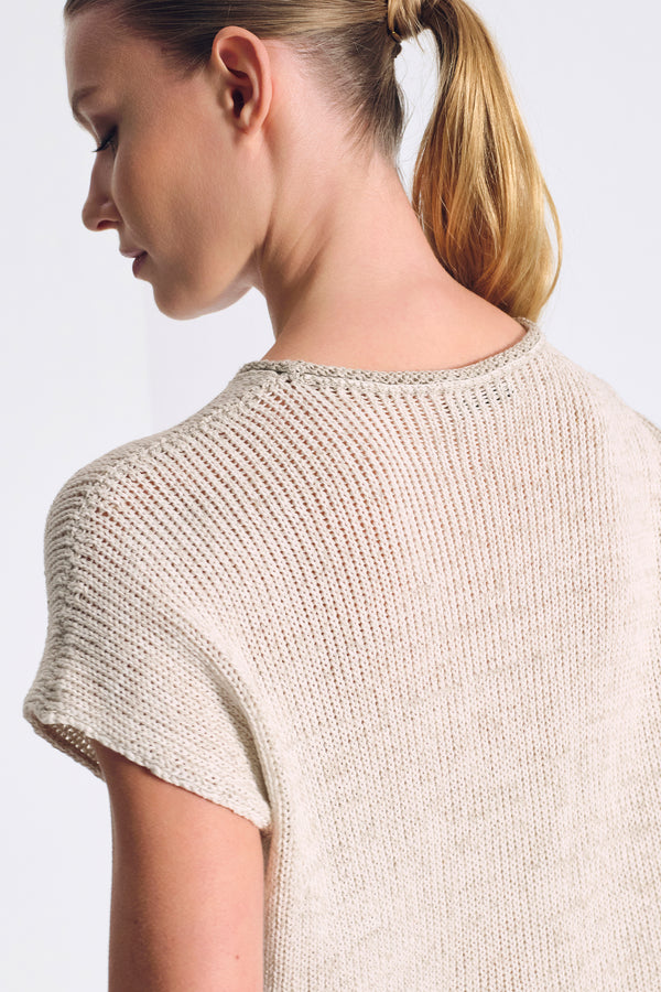 Boxy shape T-shirt in cotton-linen blend melange knit ribbon | 1017.CFDTRC12471.121