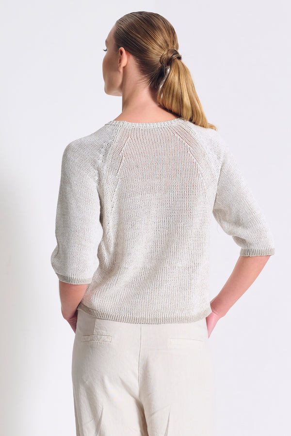 T-Shirt mit 3/4-Arm, Raglanärmel, aus Strick mit Melangegarn paspeliert aus Baumwoll-Leinen-Mix | 1017.CFDTRC12472.102