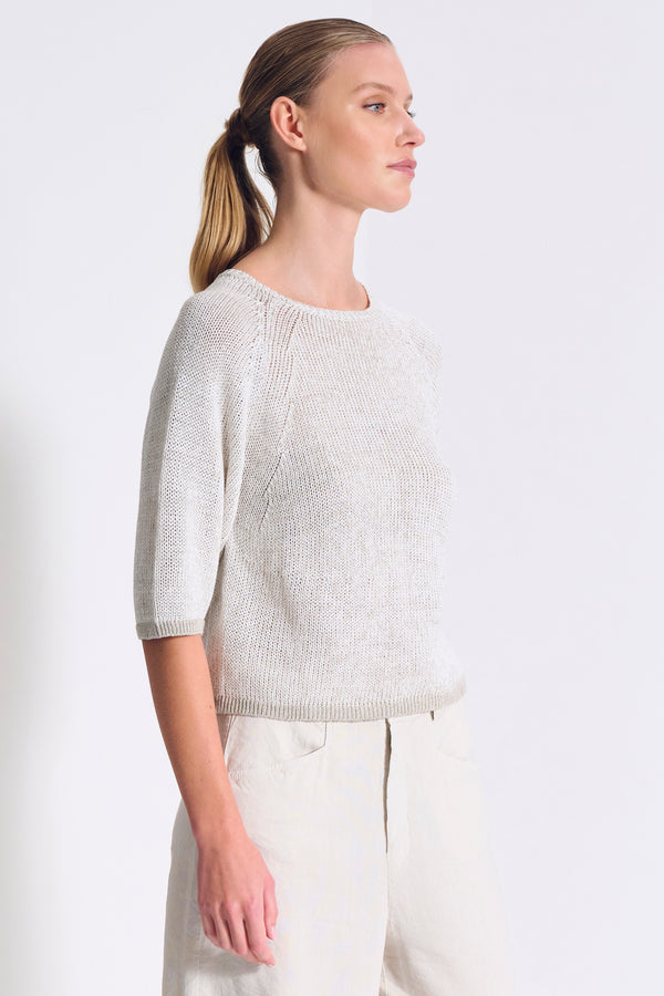 T-Shirt mit 3/4-Arm, Raglanärmel, aus Strick mit Melangegarn paspeliert aus Baumwoll-Leinen-Mix | 1017.CFDTRC12472.102