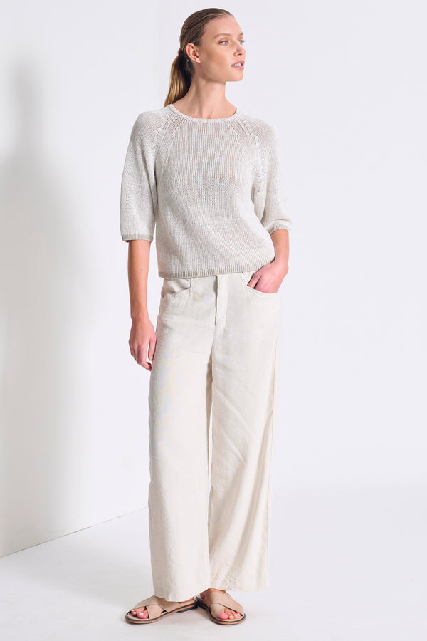 T-Shirt mit 3/4-Arm, Raglanärmel, aus Strick mit Melangegarn paspeliert aus Baumwoll-Leinen-Mix | 1017.CFDTRC12472.102