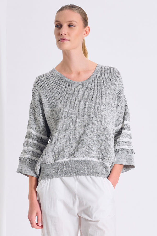 Oversize-Shirt mit 3/4-Arm aus Baumwolle mit Fransendetails an den Ärmeln | 1017.CFDTRC14492.101