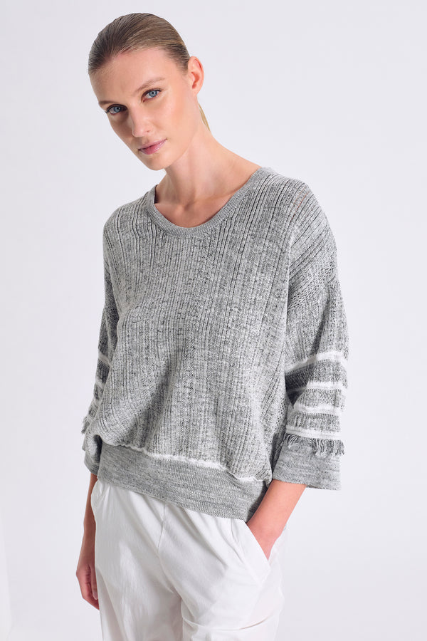 Oversize-Shirt mit 3/4-Arm aus Baumwolle mit Fransendetails an den Ärmeln | 1017.CFDTRC14492.101