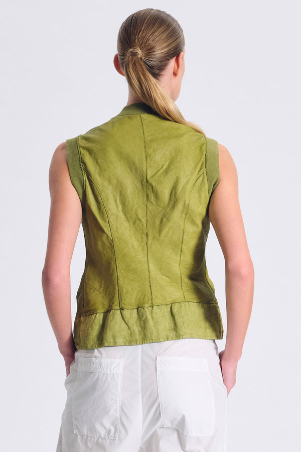 Gilet in pelle slim fit con inserto in lino sul fondo ed inserti in maglia su collo e giromanica | 1017.CFDTRC2370.23