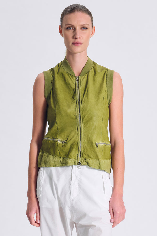 Gilet in pelle slim fit con inserto in lino sul fondo ed inserti in maglia su collo e giromanica | 1017.CFDTRC2370.23