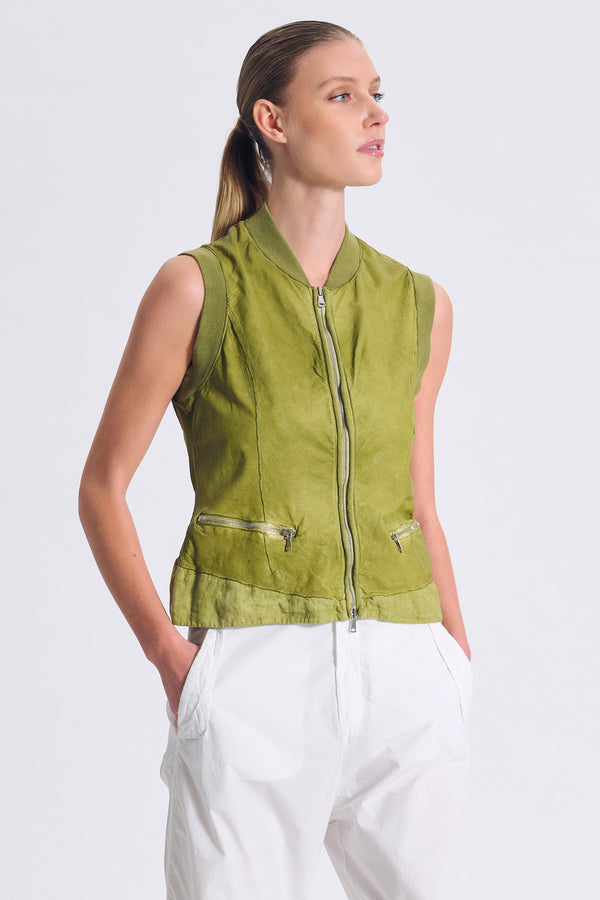 Gilet in pelle slim fit con inserto in lino sul fondo ed inserti in maglia su collo e giromanica | 1017.CFDTRC2370.23