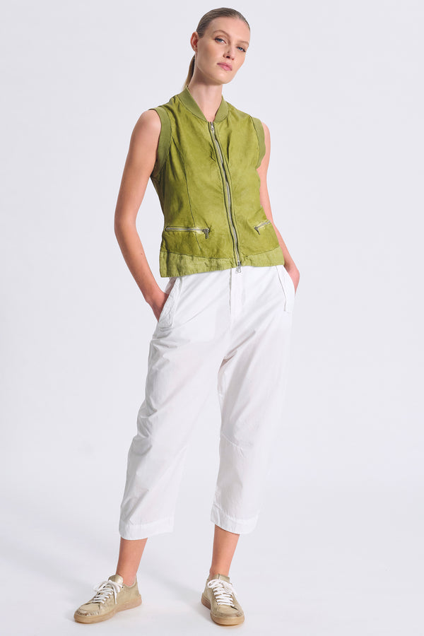 Gilet in pelle slim fit con inserto in lino sul fondo ed inserti in maglia su collo e giromanica | 1017.CFDTRC2370.23