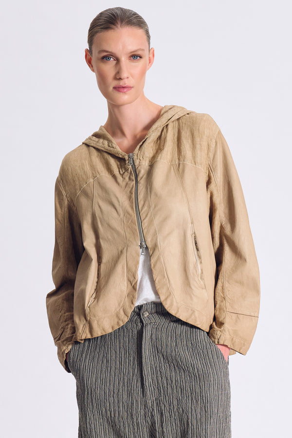 Giubbino in pelle dalla linea ampia con cappuccio ed inserti in lino | 1017.CFDTRC2372.03