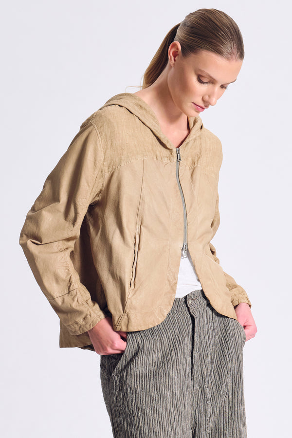 Giubbino in pelle dalla linea ampia con cappuccio ed inserti in lino | 1017.CFDTRC2372.03