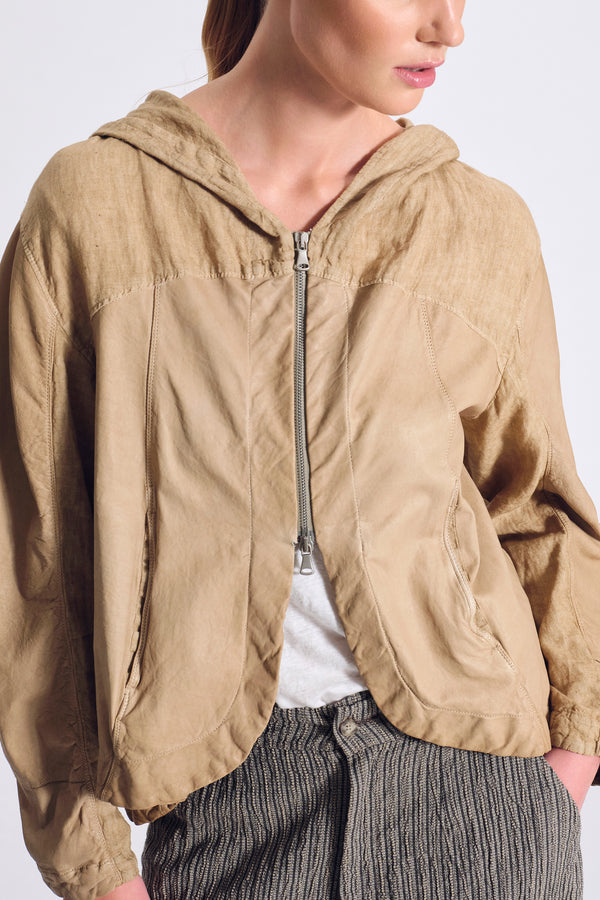 Giubbino in pelle dalla linea ampia con cappuccio ed inserti in lino | 1017.CFDTRC2372.03