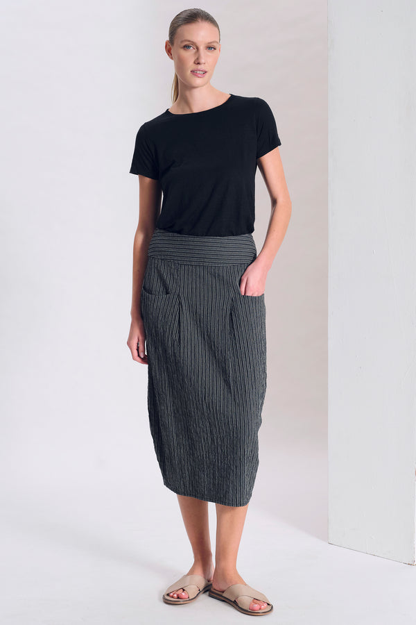 Gonna linea bombée in misto cotone rigato goffrato e spacco sul dietro | 1017.CFDTRCA105.10