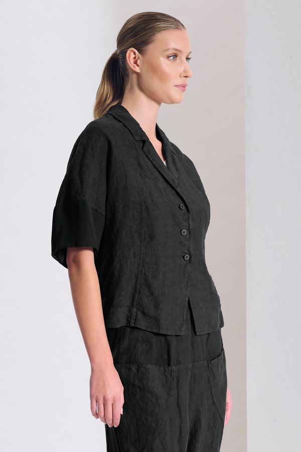 Giacca corta di lino linea bombé con inserto in viscosa fondo maniche | 1017.CFDTRCD130.10