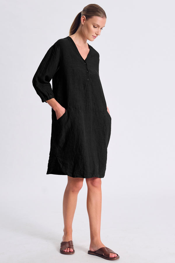 Abito ampio scollo a v in lino con inserti in viscosa e fondo stondato | 1017.CFDTRCD1304.10