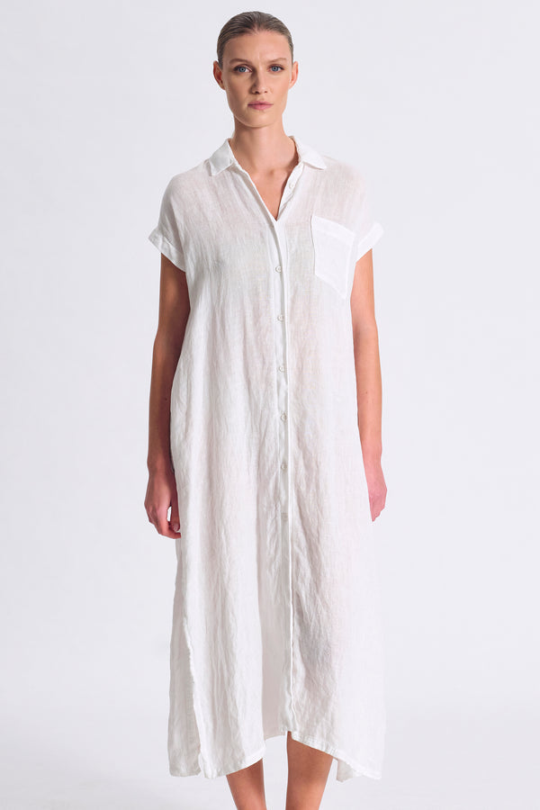 Vestito lungo dalla linea dritta in lino con abbottonatura frontale ed inserti in georgette di visco | 1017.CFDTRCE145.00