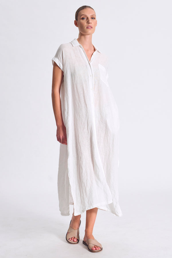 Vestito lungo dalla linea dritta in lino con abbottonatura frontale ed inserti in georgette di visco | 1017.CFDTRCE145.00