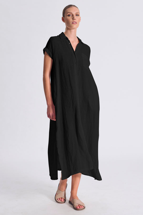 Long straight-line linen dress with front buttoning and viscose georgette inserts | 1017.CFDTRCE145.10 4