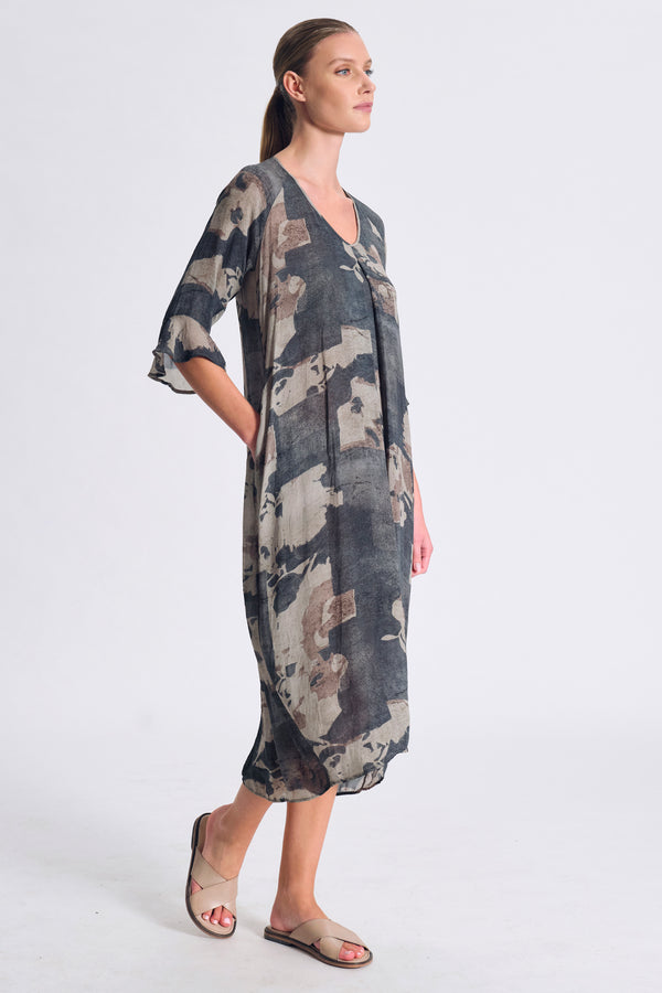 Abito lungo manica 3/4 in georgette di viscosa stampata | 1017.CFDTRCS284.05