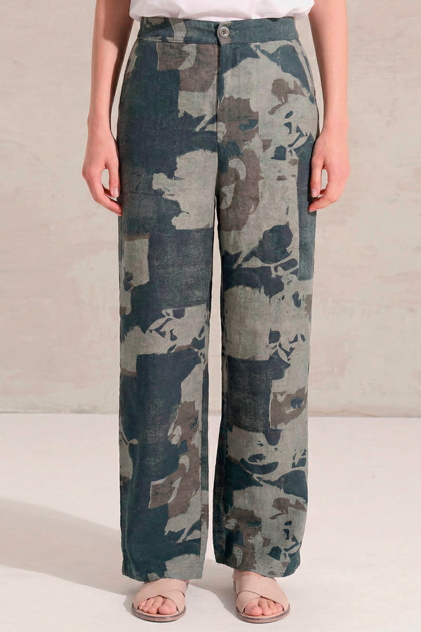 Pantalone comfort fit di lino stampato con elastico in cintura dietro e finte tasche a filetto | 1017.CFDTRCT293.05