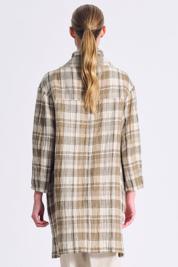 Spolverino ampio a doppio petto con collo alto in cotone e lino a quadri | 1017.CFDTRCU302.02