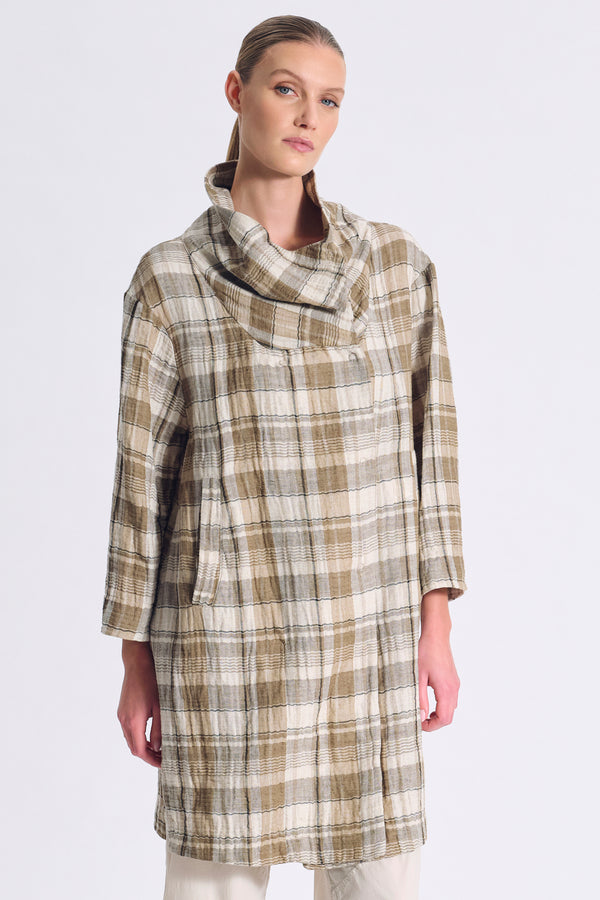 Spolverino ampio a doppio petto con collo alto in cotone e lino a quadri | 1017.CFDTRCU302.02