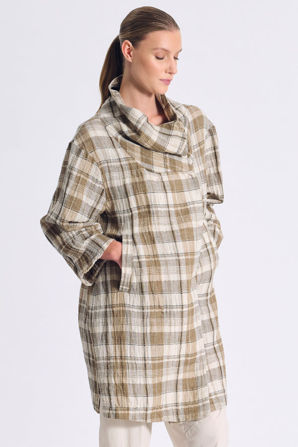 Spolverino ampio a doppio petto con collo alto in cotone e lino a quadri | 1017.CFDTRCU302.02