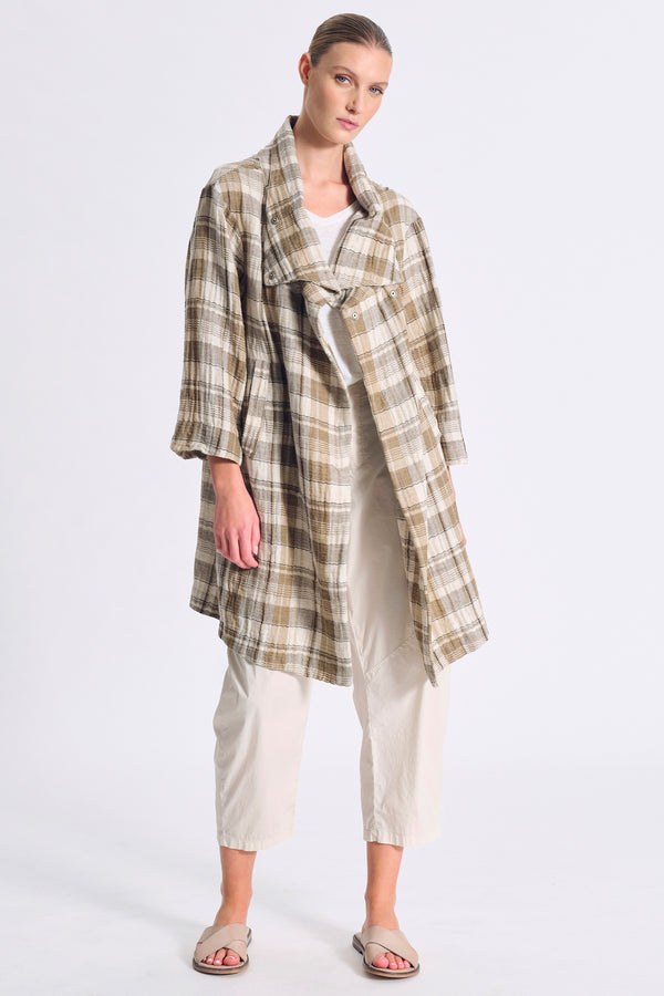 Spolverino ampio a doppio petto con collo alto in cotone e lino a quadri | 1017.CFDTRCU302.02