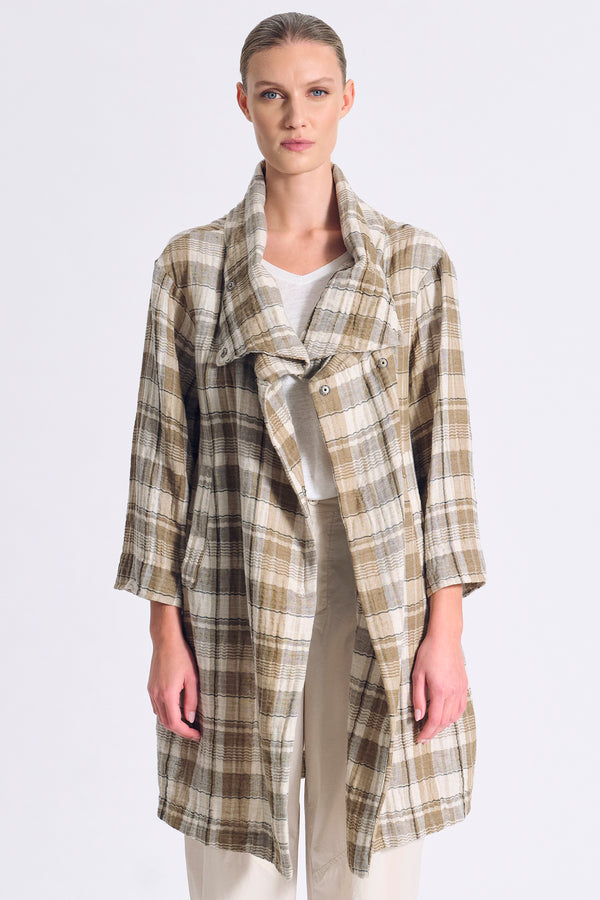 Spolverino ampio a doppio petto con collo alto in cotone e lino a quadri | 1017.CFDTRCU302.02