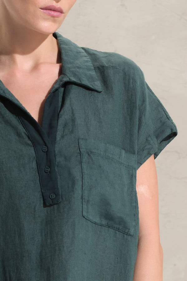 Oversize-Bluse im Polo-Stil mit Flügelärmeln aus Leinen mit Einsätzen aus Viskose-Voile | 1018.CFDTRDB112.25