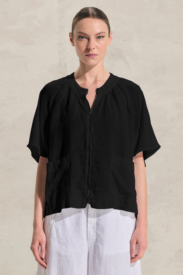T-shirt in lino con manica ad aletta ed inserti in voile di viscosa | 1018.CFDTRDB113.10