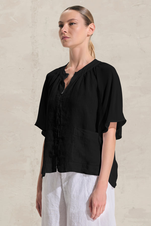 Shirt aus Leinen mit Flügelärmeln und Einsätzen aus Viskose-Voile | 1018.CFDTRDB113.10
