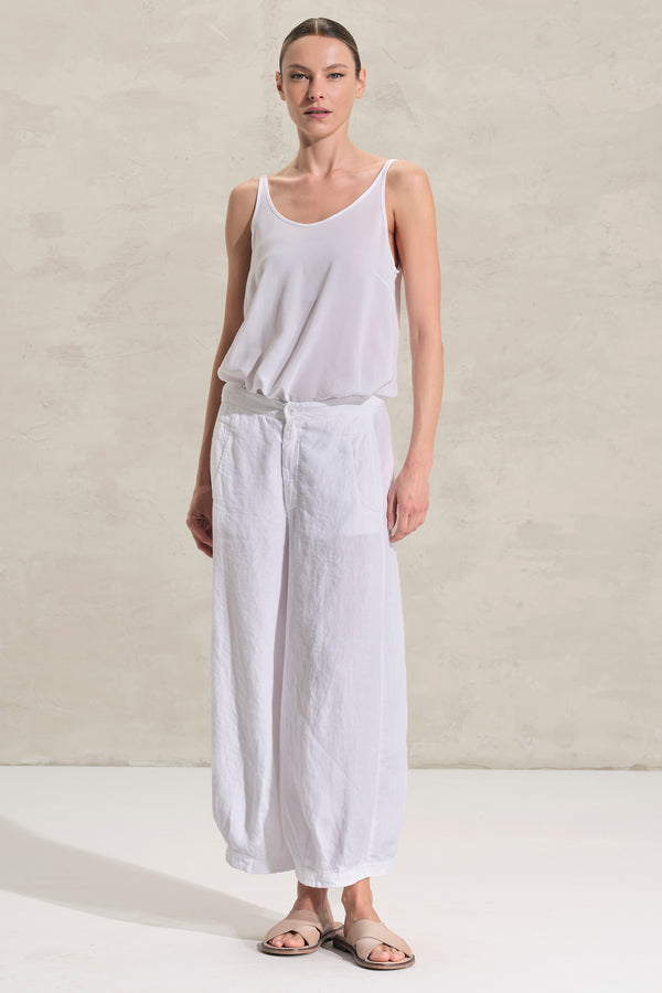 Pantalone cropped gamba larga in lino con pieghe sul fondo. elastico in cintura dietro | 1018.CFDTRDB114.00