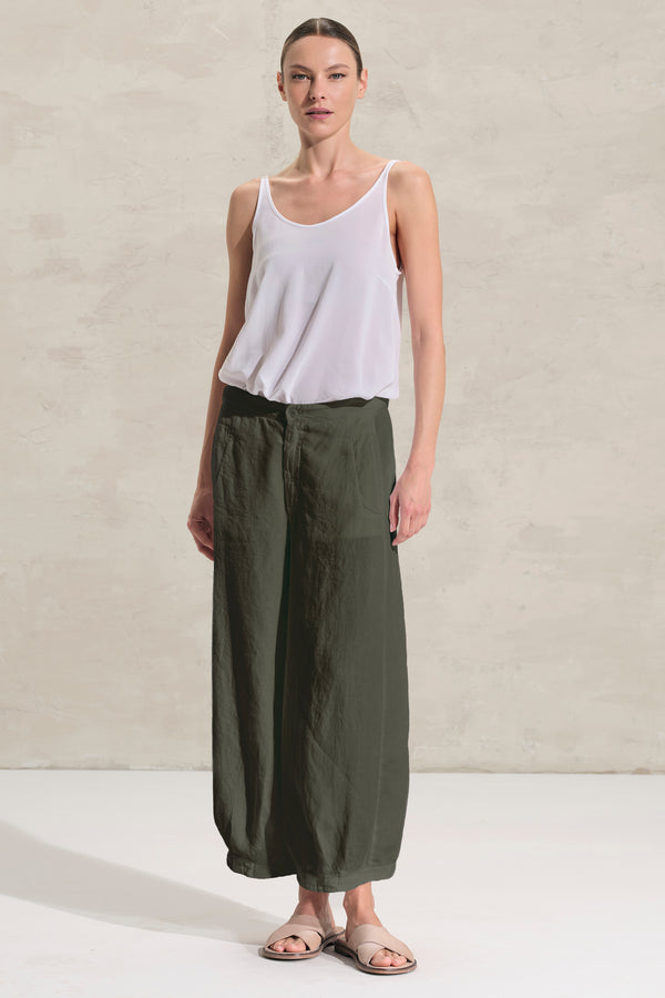 Pantalone cropped gamba larga in lino con pieghe sul fondo. elastico in cintura dietro | 1018.CFDTRDB114.04