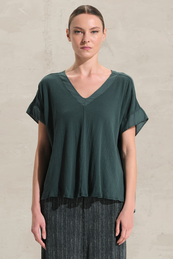 Shirt mit doppeltem V-Ausschnitt aus Baumwollkreppjersey mit Einsätzen aus Baumwollmusselin | 1018.CFDTRDK203.25